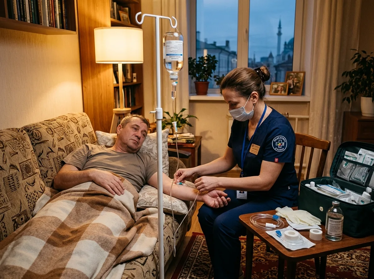 Врач-нарколог устанавливает капельницу пациенту на дому в Казани, уютная обстановка квартиры, профессиональная медицинская процедура детоксикации, тёплое освещение