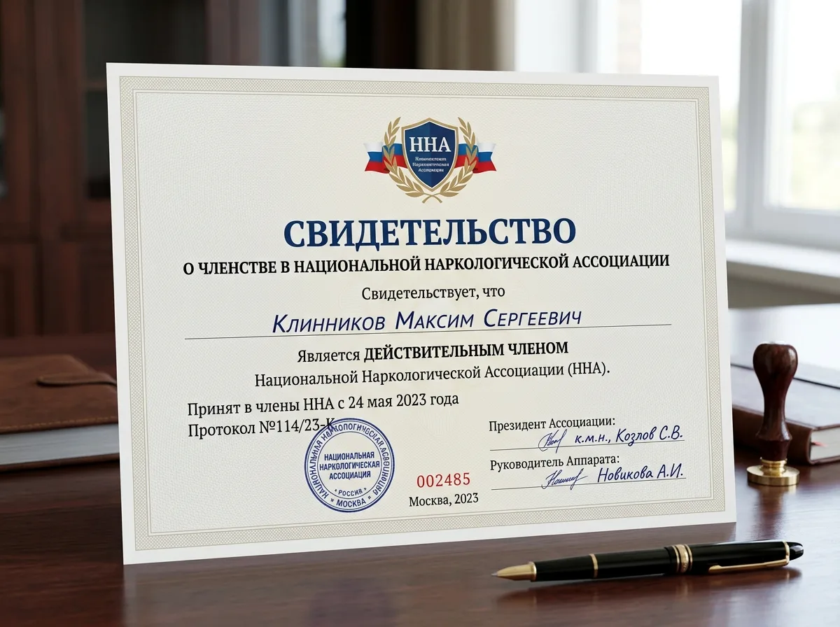 Свидетельство о членстве в Национальной наркологической ассоциации России, документ с логотипом организации и подписями руководства, официальный бланк