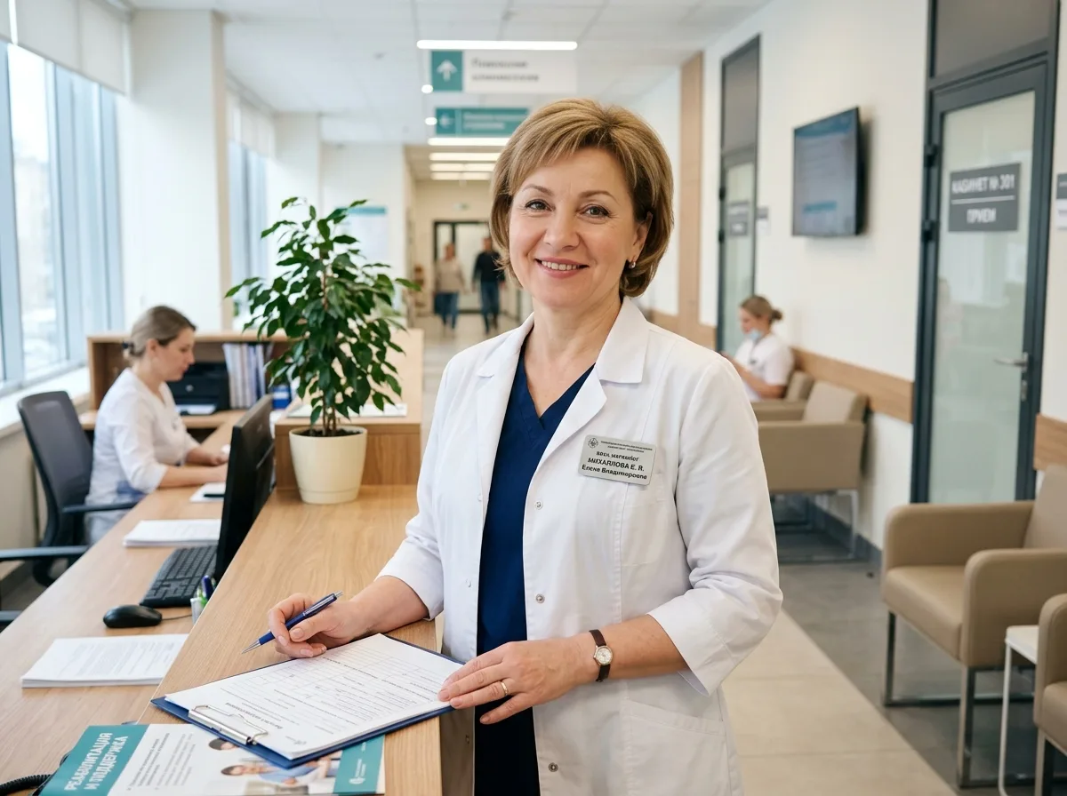 Врач-нарколог Михайлова Елена Владимировна в медицинском халате, портрет, женщина среднего возраста, доброжелательное выражение, профессиональная обстановка клиники